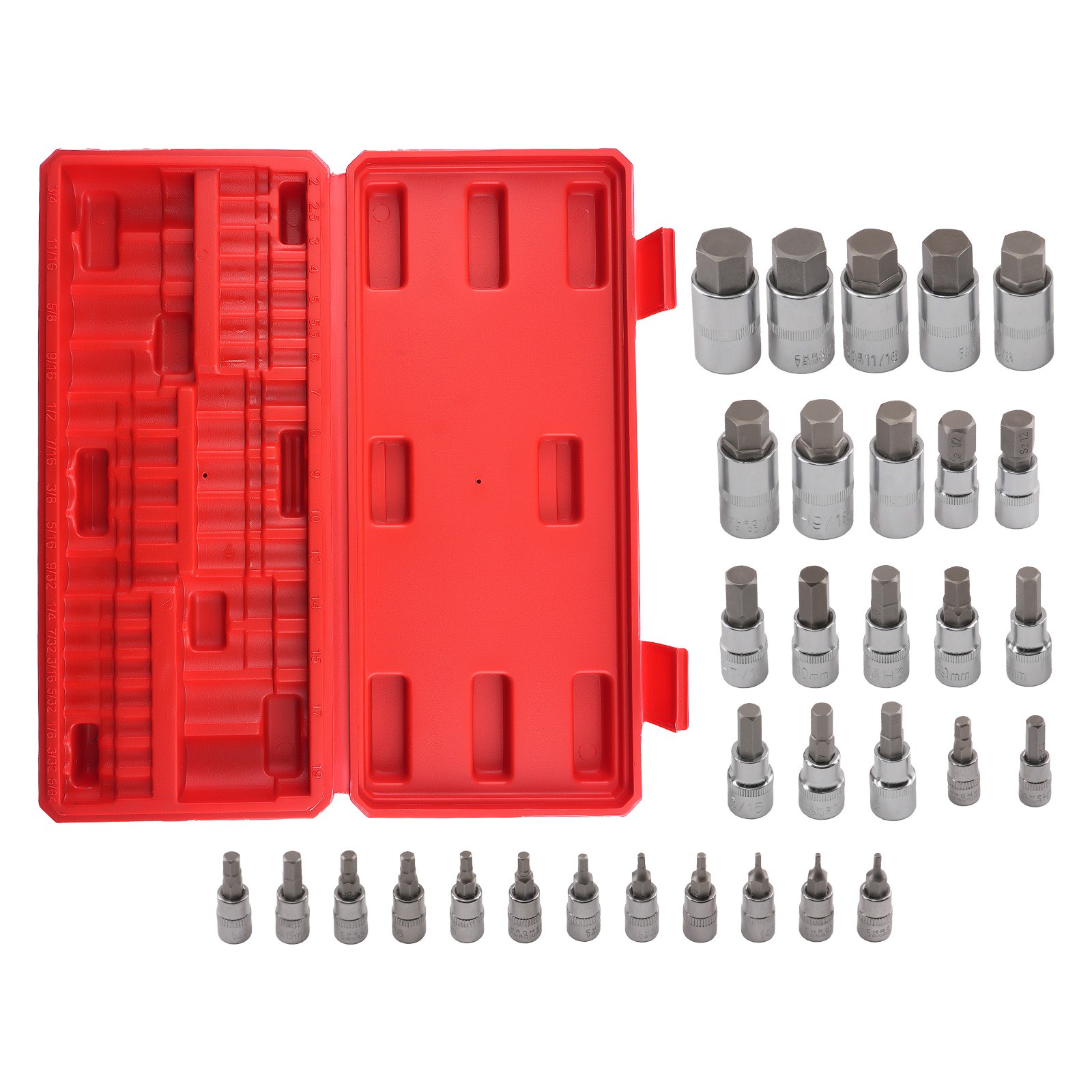 32 Piece Hex Bit Socket Set 1/4 3/8 1/2 in S2 Steel Metric SAE Chrome