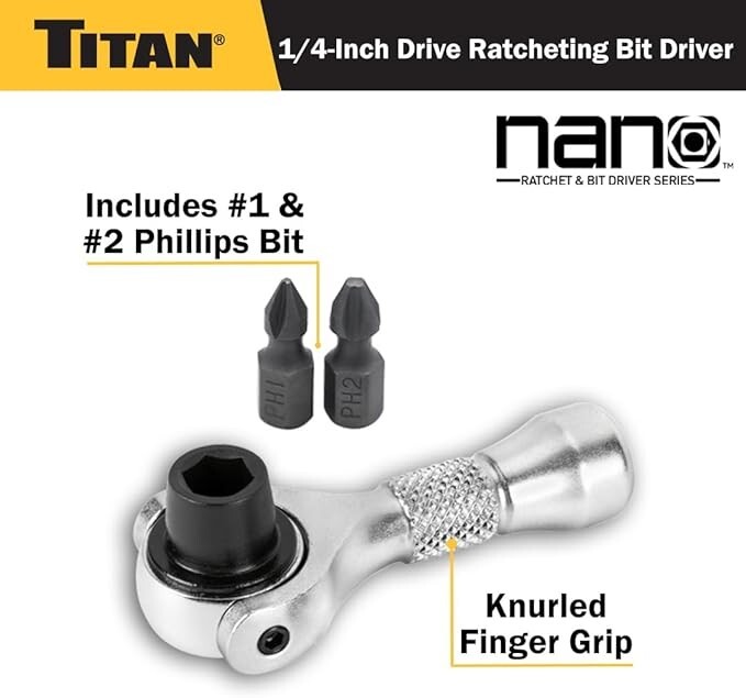 Titan 2 pc. Nano Swivel Ratchet & Bit Driver Set