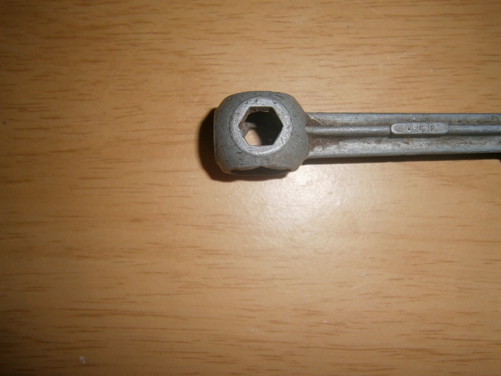 Vintage silver tone U.C.P. England multi spanner. 17mm end.(E6d)