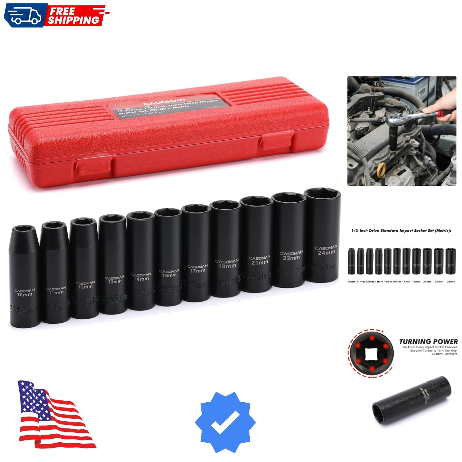11 Pieces 1/2-Inch Drive Deep Impact Socket Set, 6-Point, Metric, 10mm to 24mm