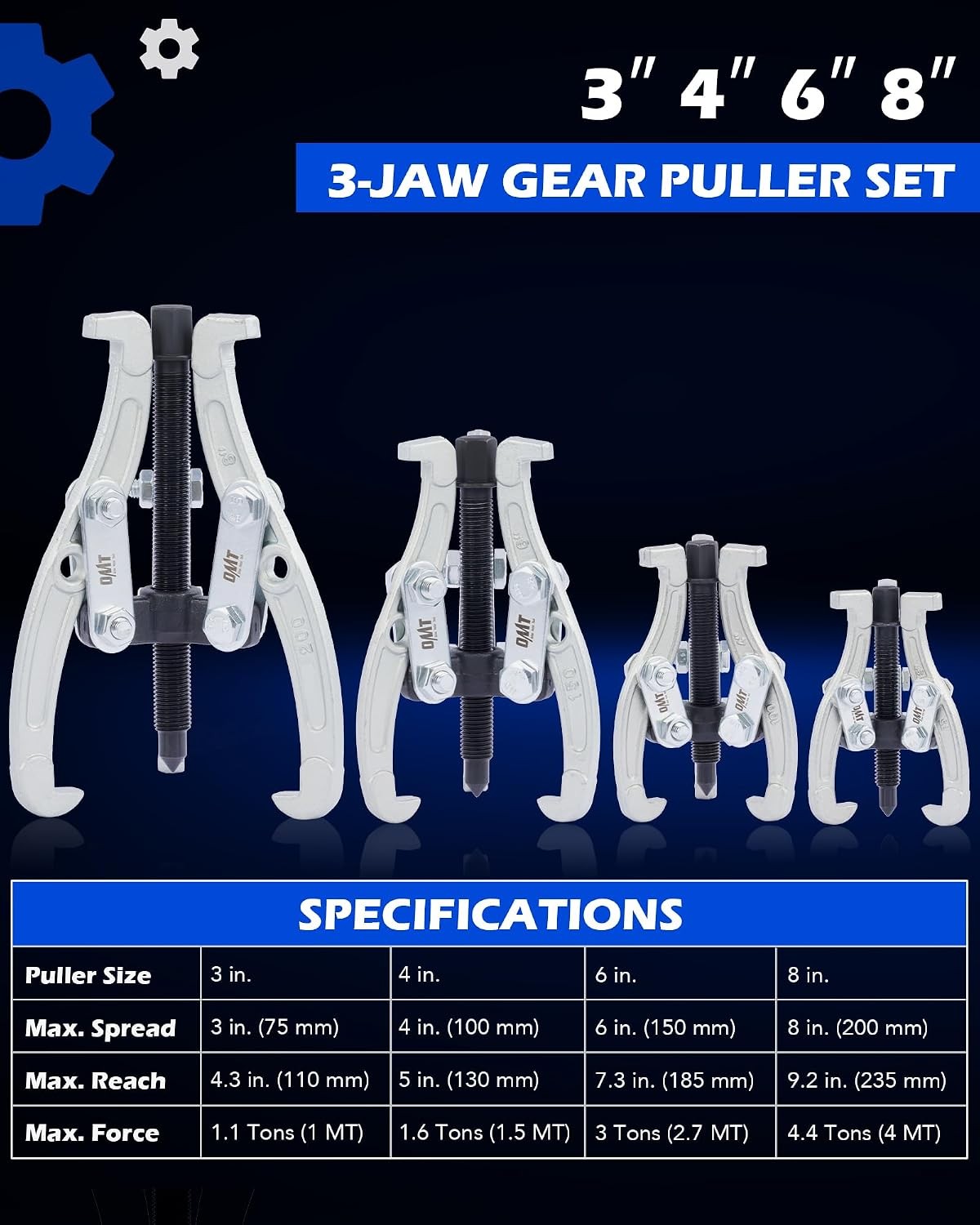 Gear Puller Set,3″4″6″8″ 3Jaw Puller Kit forPulley Gear Bearing Flywheel Removal