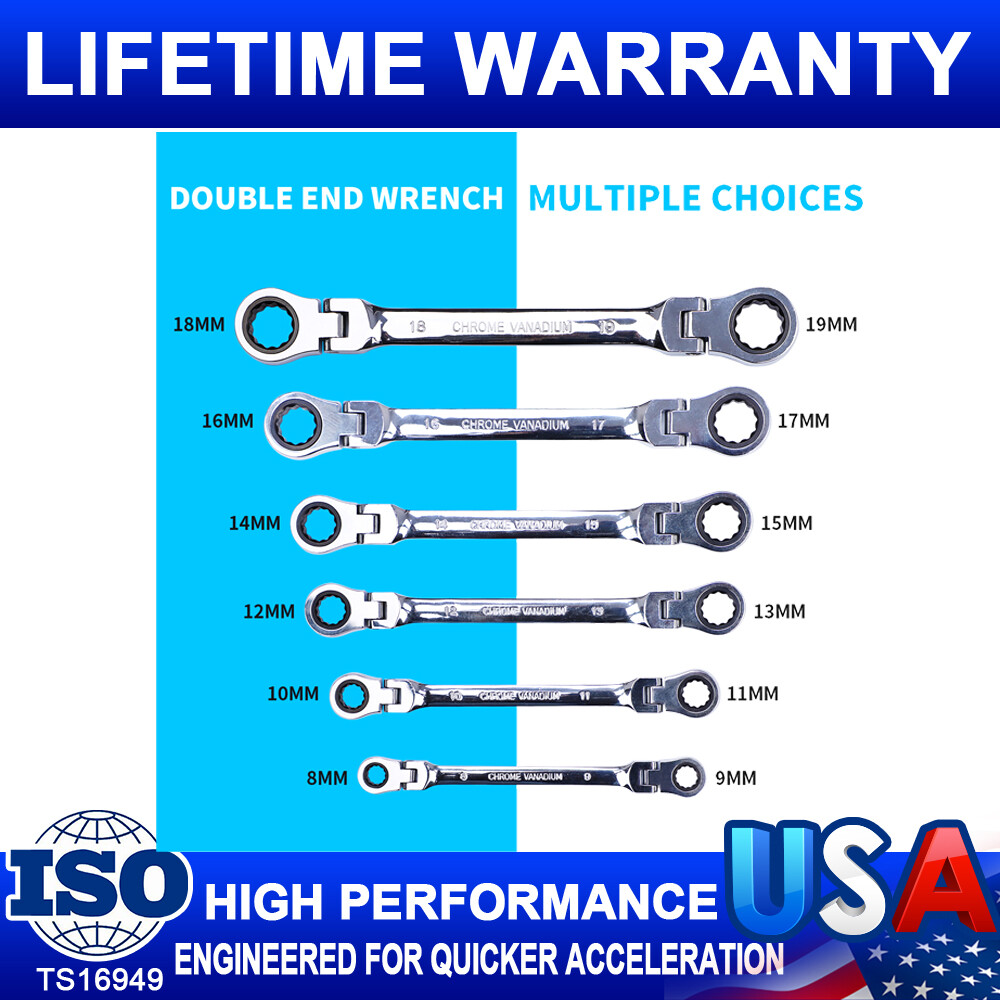 6Pc Extra Long Ratcheting Wrench Spanner Set Double Box End Flex-Head SAE Metric