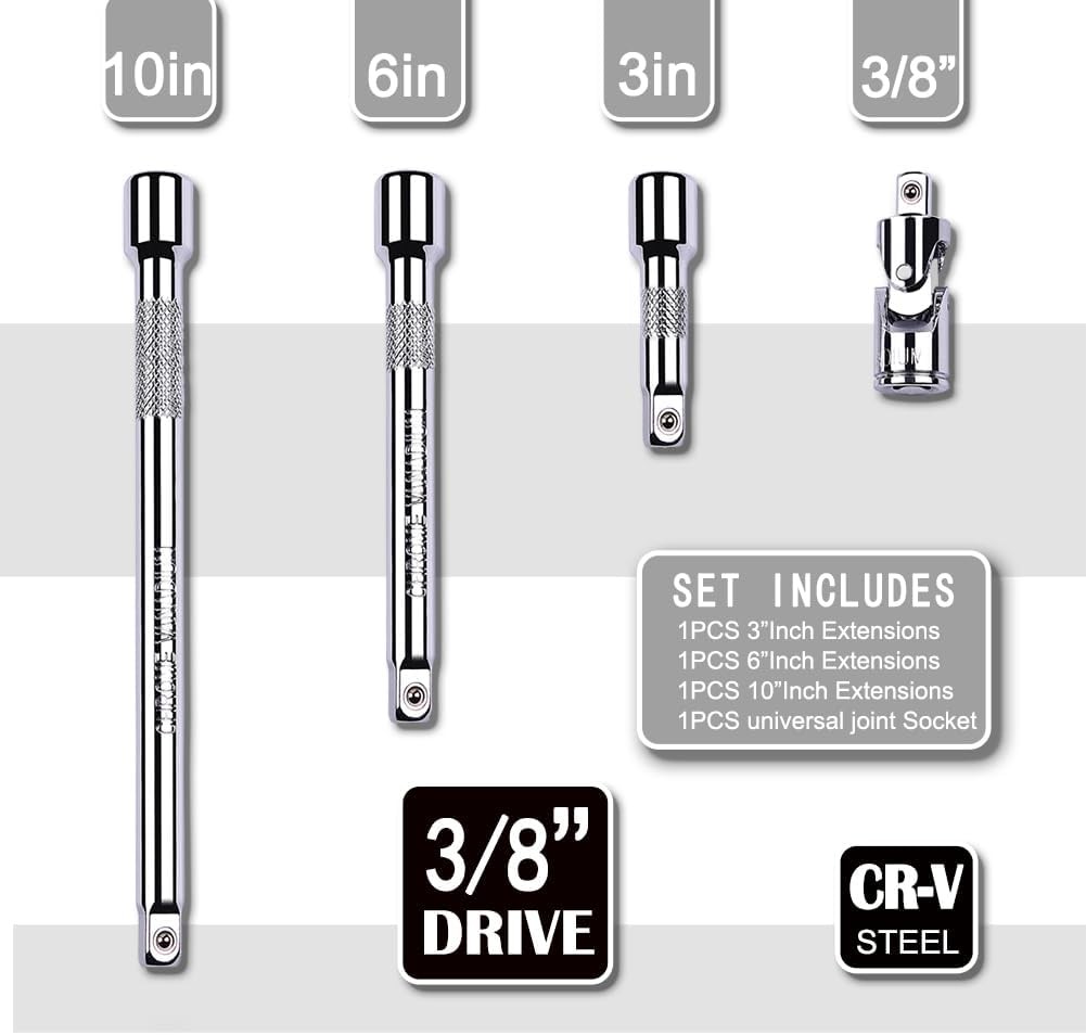4 Piece 3/8 Inch Drive Extension Bar Set, 3/8 Inch Drive Socket Extension Set In