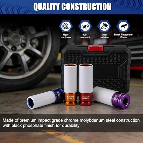1/2″ Drive Thin Wall Deep Impact Socket Set – 4pcs Lug Nut Protector, 6 Point, M