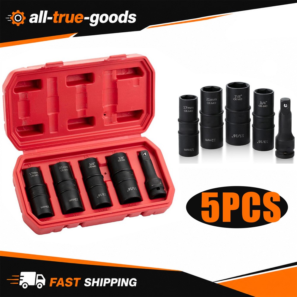 5PCS 1/2″ THIN WALL FLIP IMPACT SOCKET SET FOR AUTO RIMS TIRES LUG NUTS US