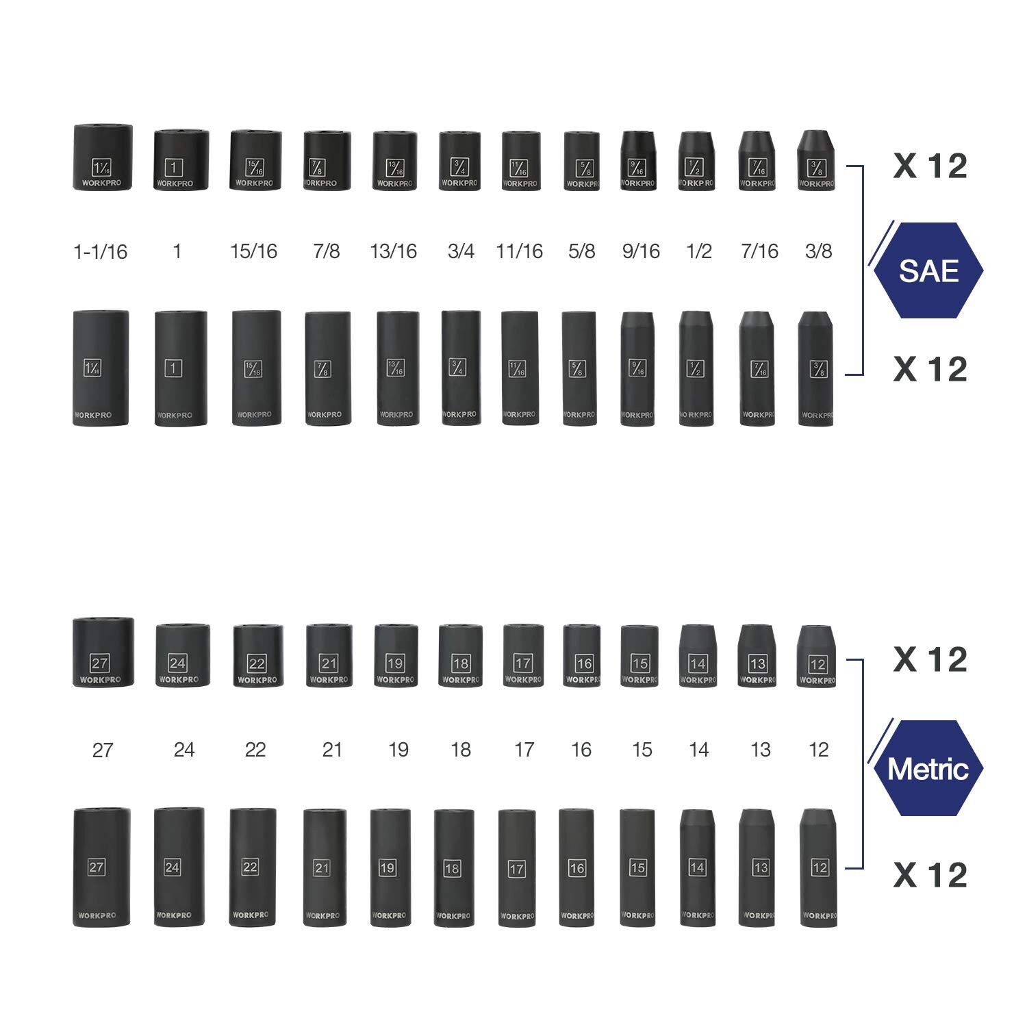 WORKPRO 1/2″ Drive Impact Socket Set with Extension Bars, Premium Cr-V Steel,…