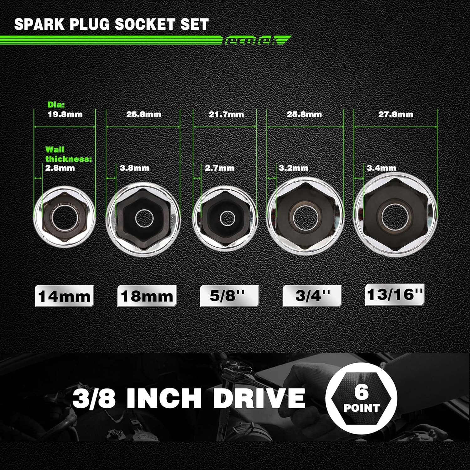 TecoTek 11-Piece Spark Plug Socket Set with 3/8″ Drive Ratchet Handle, Spark