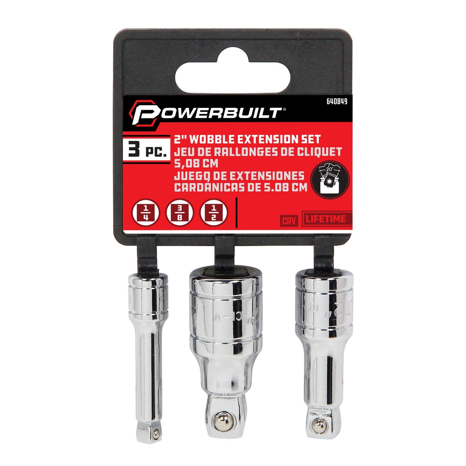 3-Piece Wobble Extension Set, 1/2″ Drive, 1/4″, 3/8″, 25° Flex – Silver Tool Set