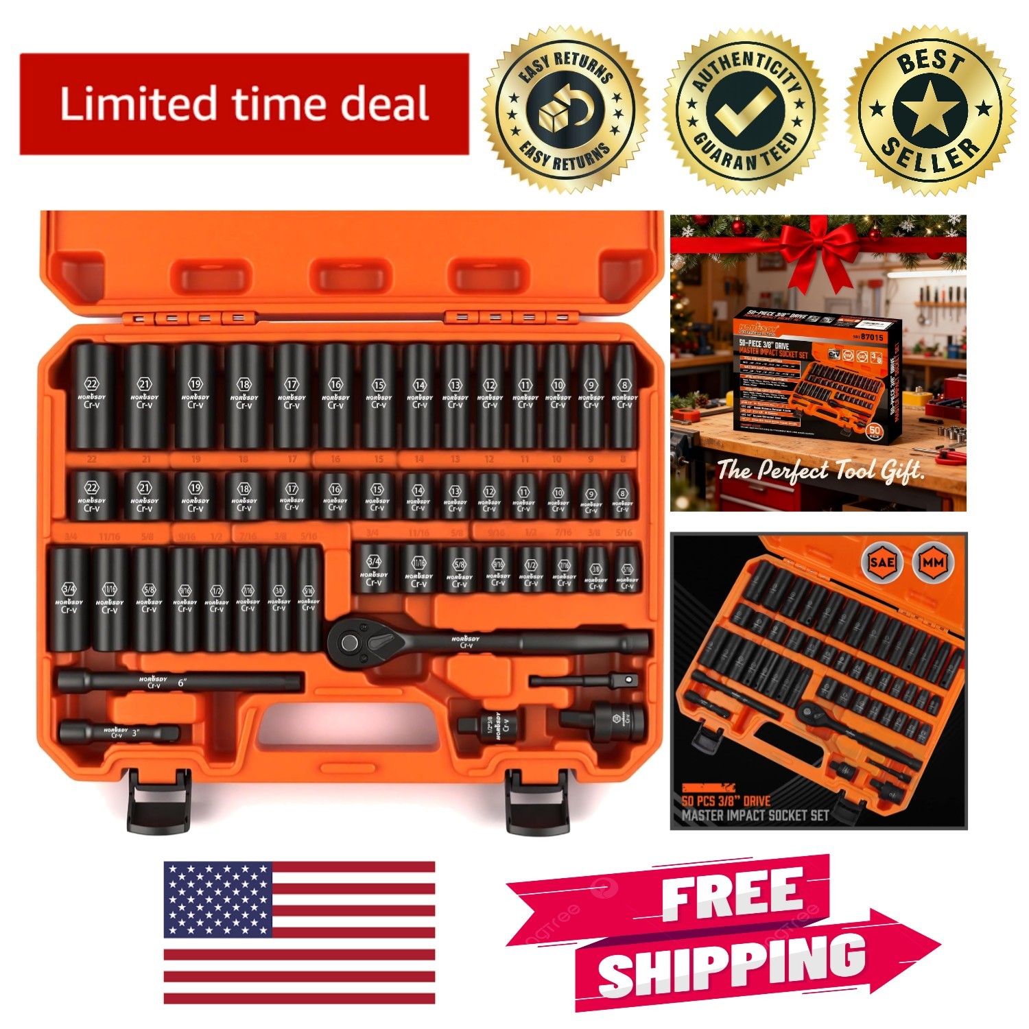 Durable 3/8″ Drive Impact Socket Set, 50 Piece, Corrosion-Resistant Cr-V Steel