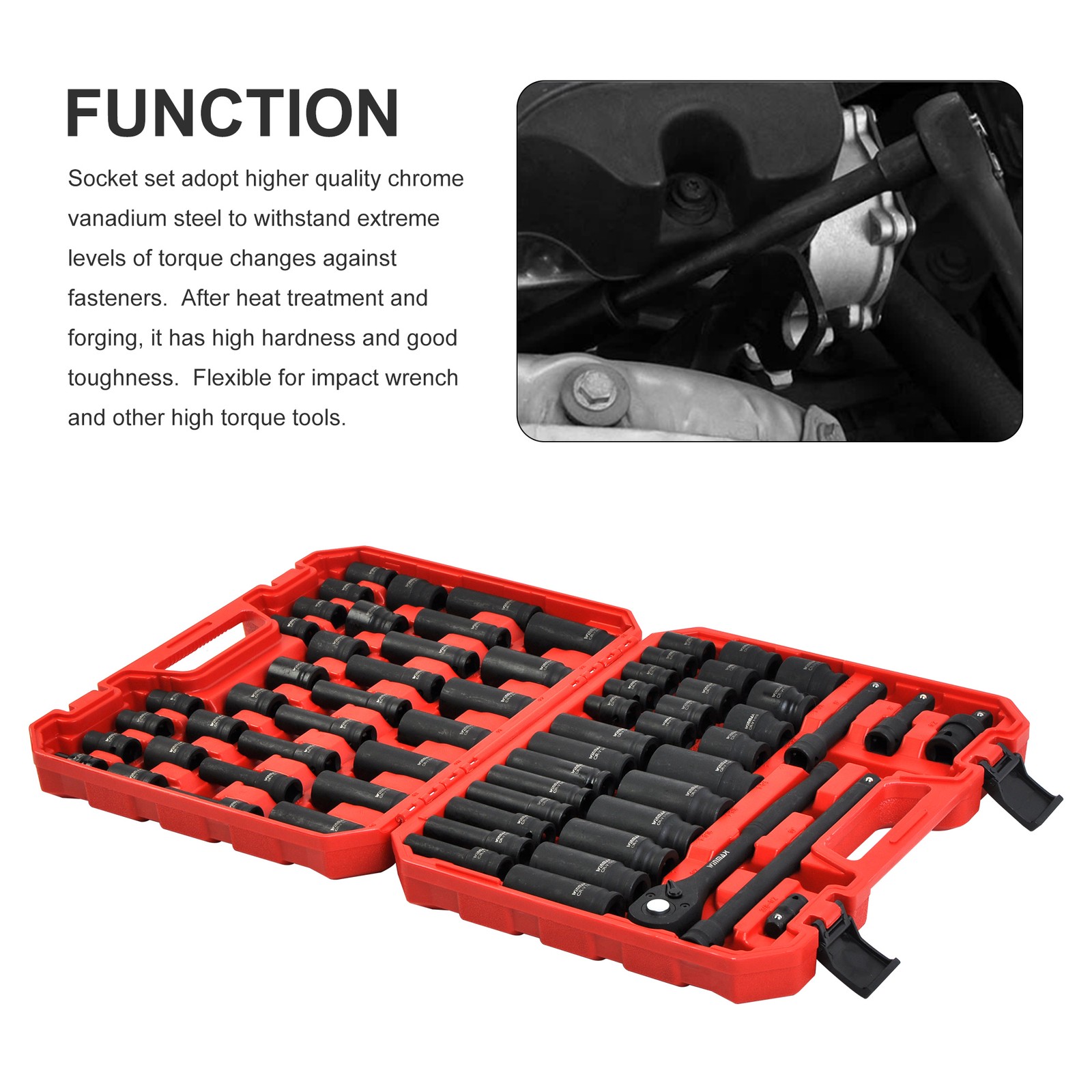 66PC 1/2in Drive Impact Socket Set 6 Point Shallow & Deep Socket Set SAE Metric