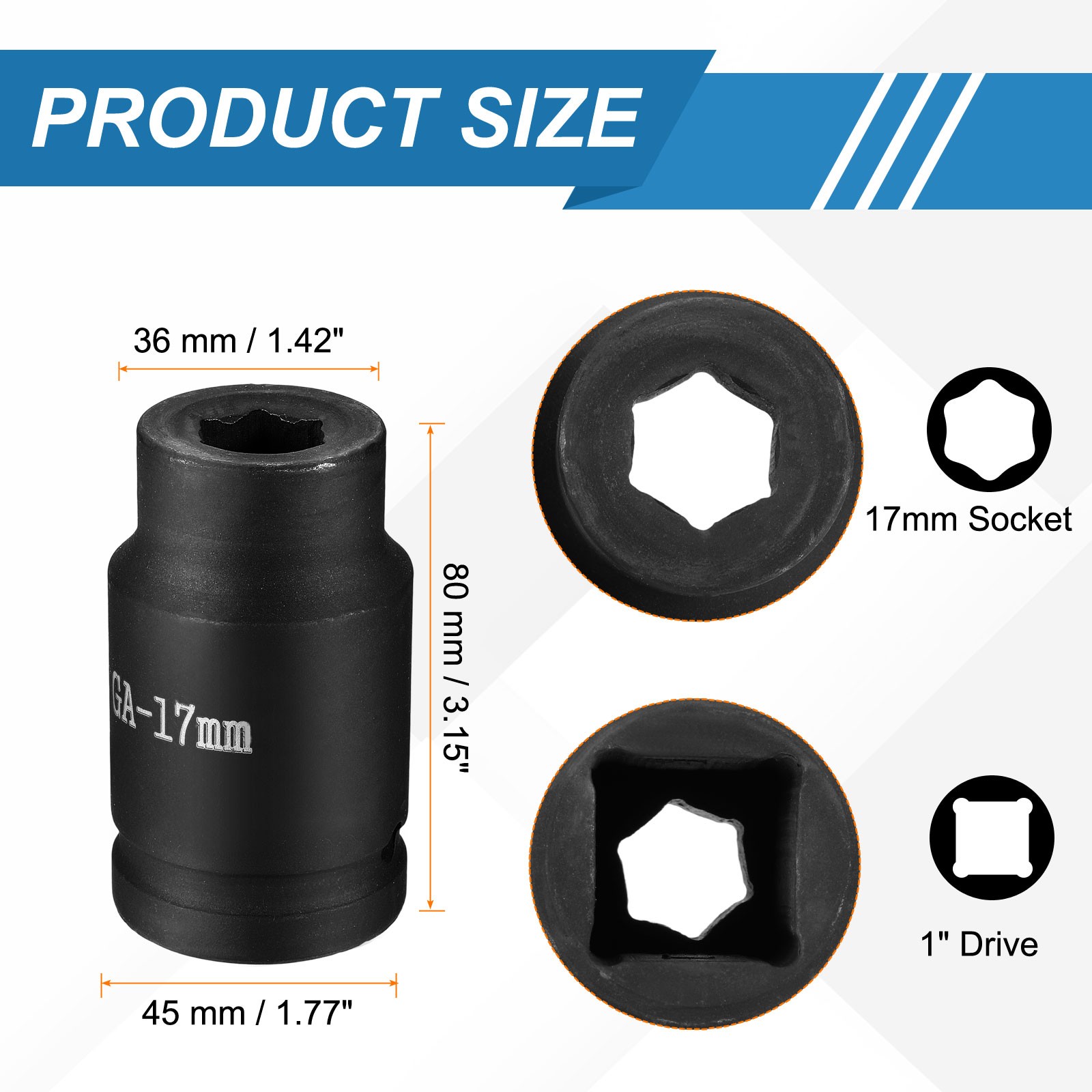 1 Inch Drive 17mm 6 Point Impact Socket Chromium Vanadium Steel