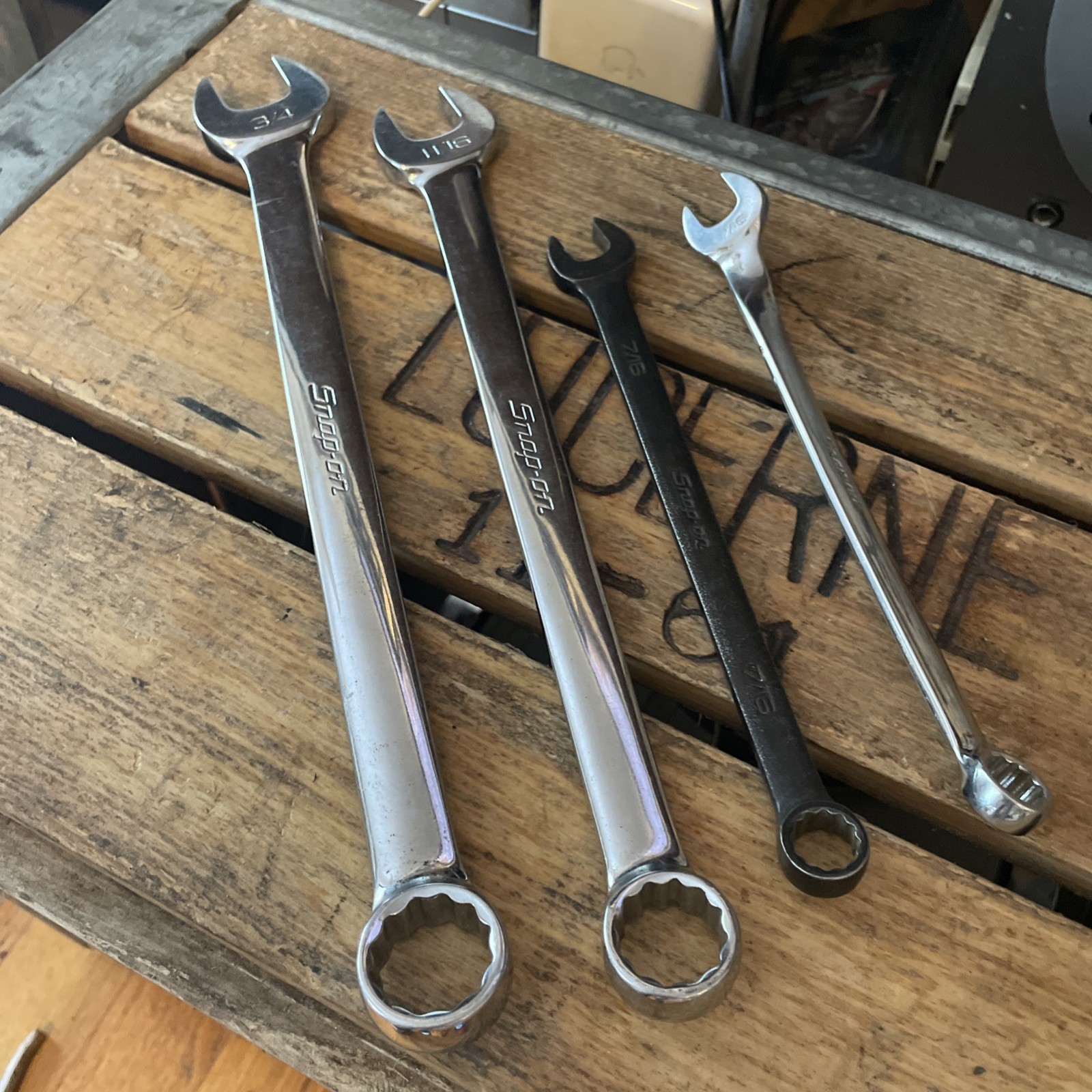 Snap-On Wrench Lot X 4 Chrome/ Industrial Finish 3/4 – 11/16 – 7/16 X 2 GOEX OEX