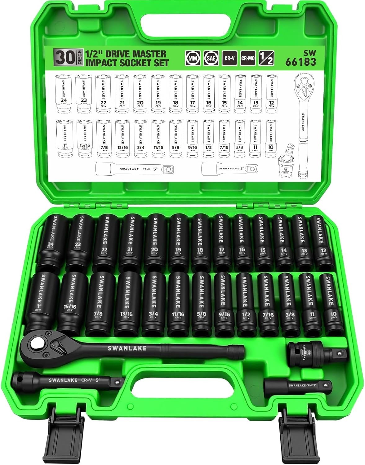 30-Piece 1/2″ Drive Impact Socket Set, Standard SAE 3/8-1 inch and Metric 10-…