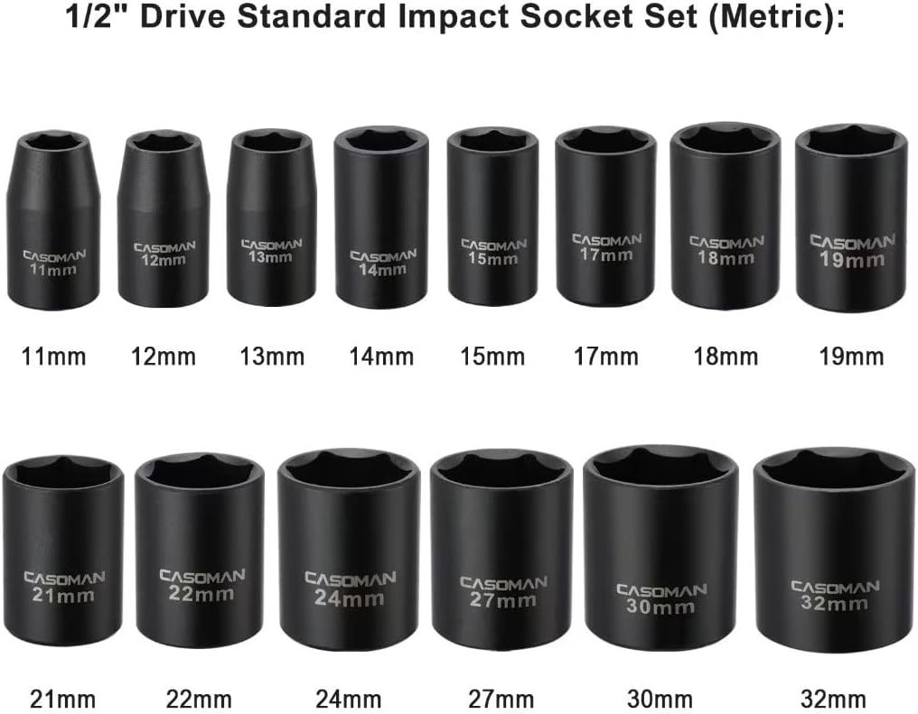 Durable 14-Piece 1/2-Inch Drive Impact Socket Set with Black Phosphate Finish