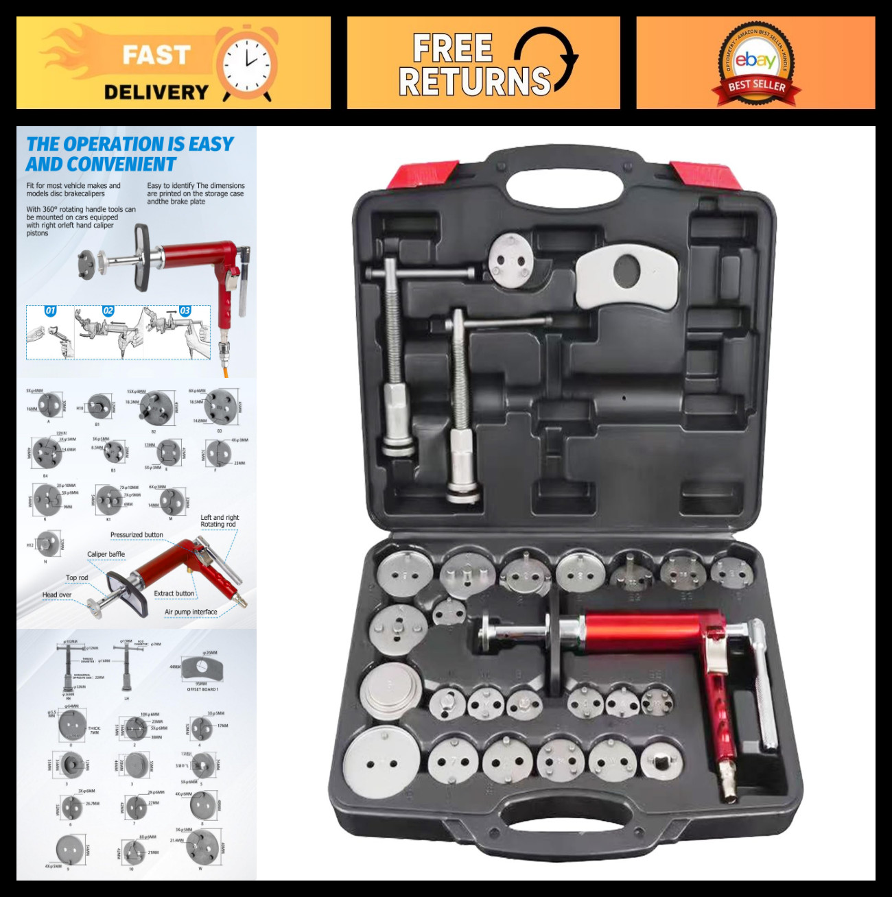 Heavy Duty Brake Caliper Compression Tool Set – 28-Piece with 23 Adapters for Ea
