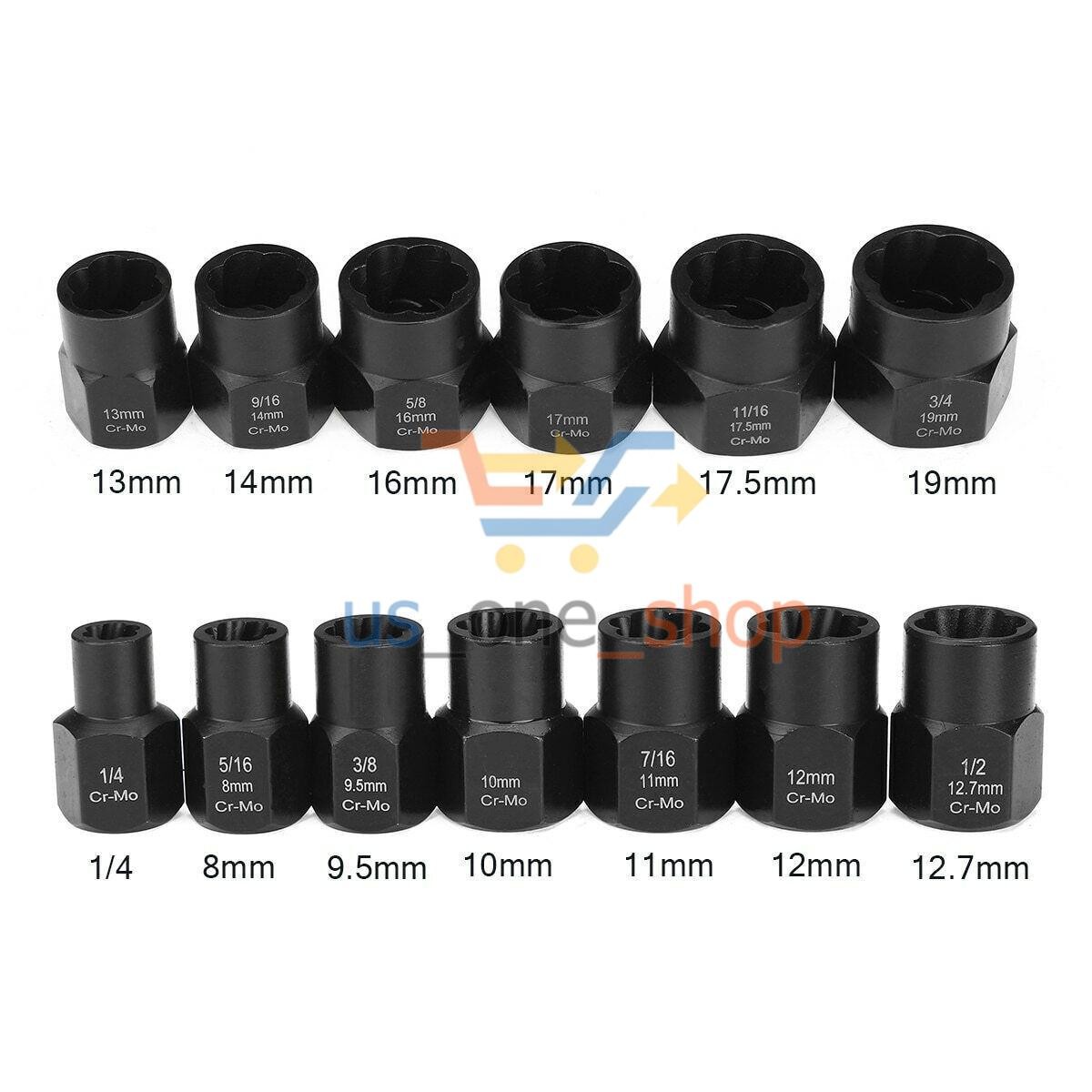 13pcs Bolt Extractor Damaged Lug Nut Remover Twist Socket Extractor Tool 8-19mm