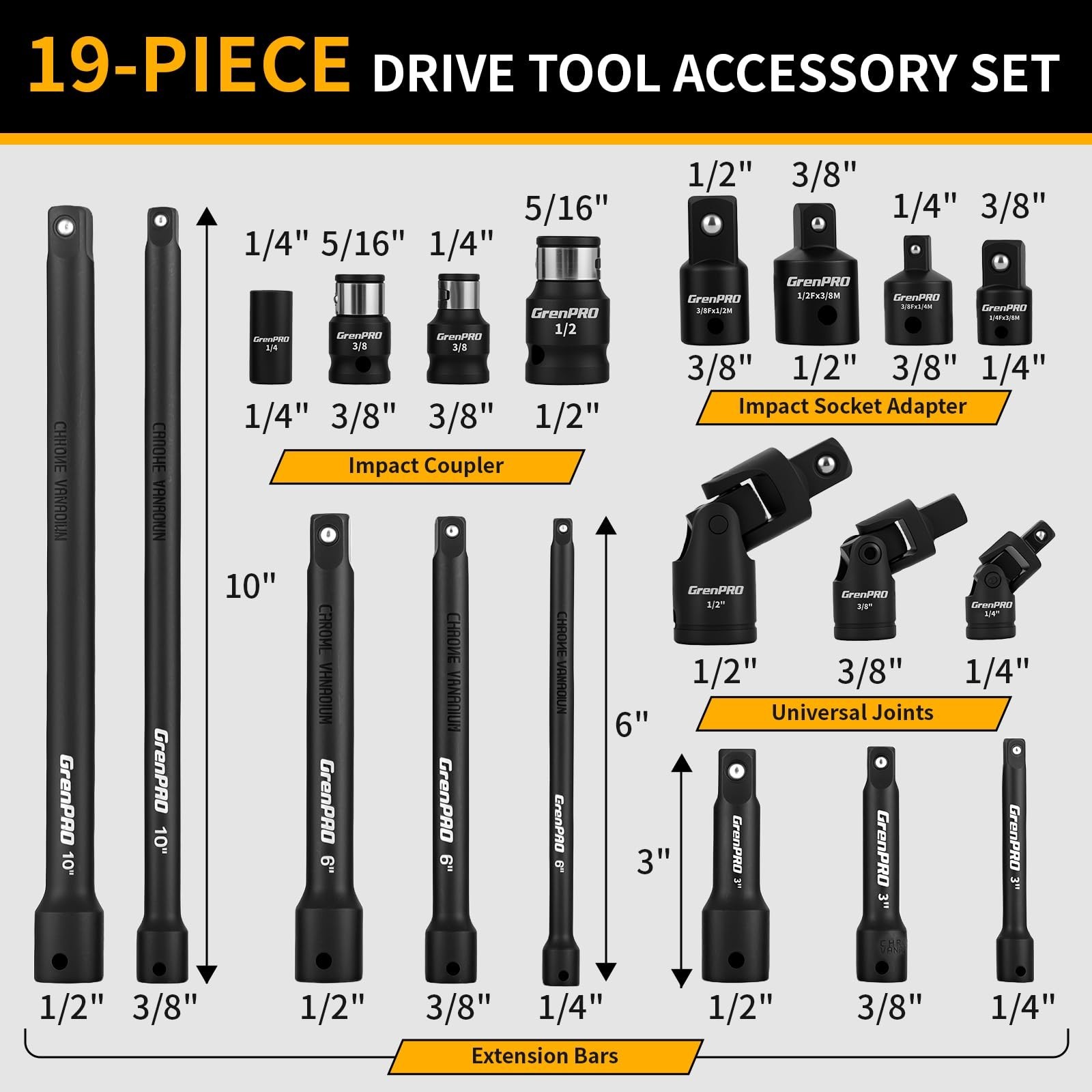 19-Piece Impact Socket Extension Set with Universal Joints & Ratchet Adapters