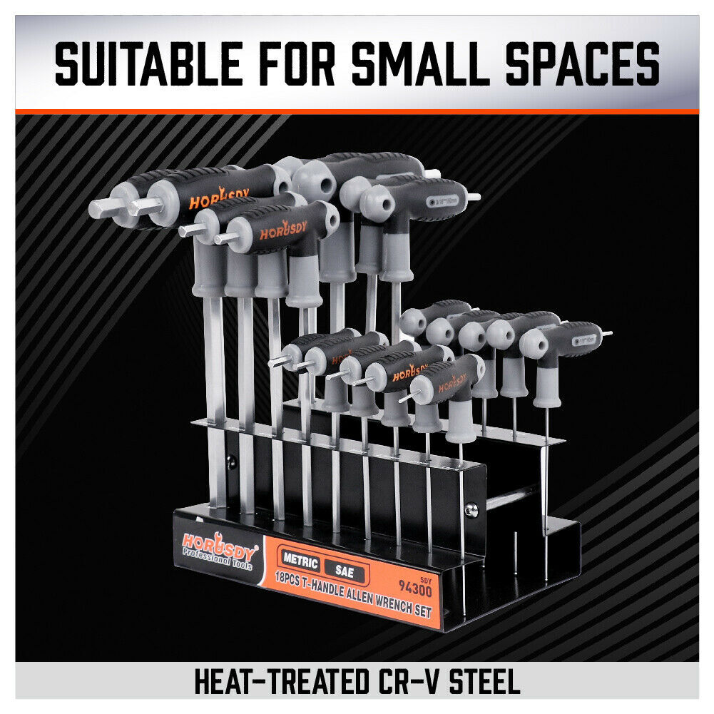 18PC T-Handle Allen Wrench Set Long Arm Ball End Hex Key 1.5-10MM & 1/16″-3/8″