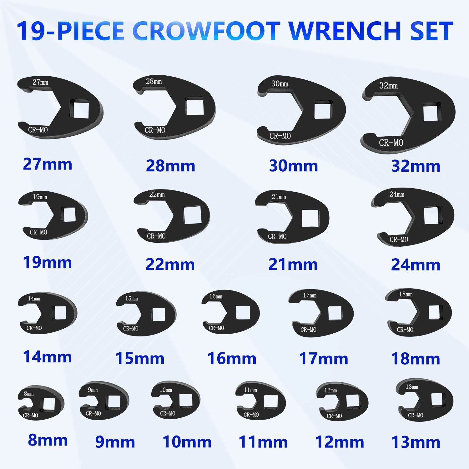 19PCS Crowfoot Wrench Set Metric Crows Foot 8-32mm Flare Nut Wrench Set Tool Kit