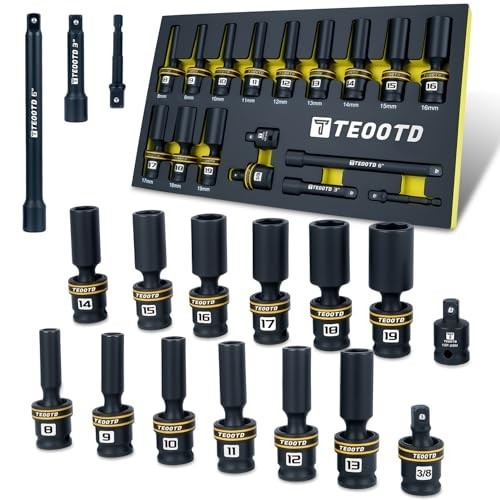 Teootd 17Pc 3/8-In Swivel Socket Set 6-Point 8-19mm CR-MO W/ Extension Bar