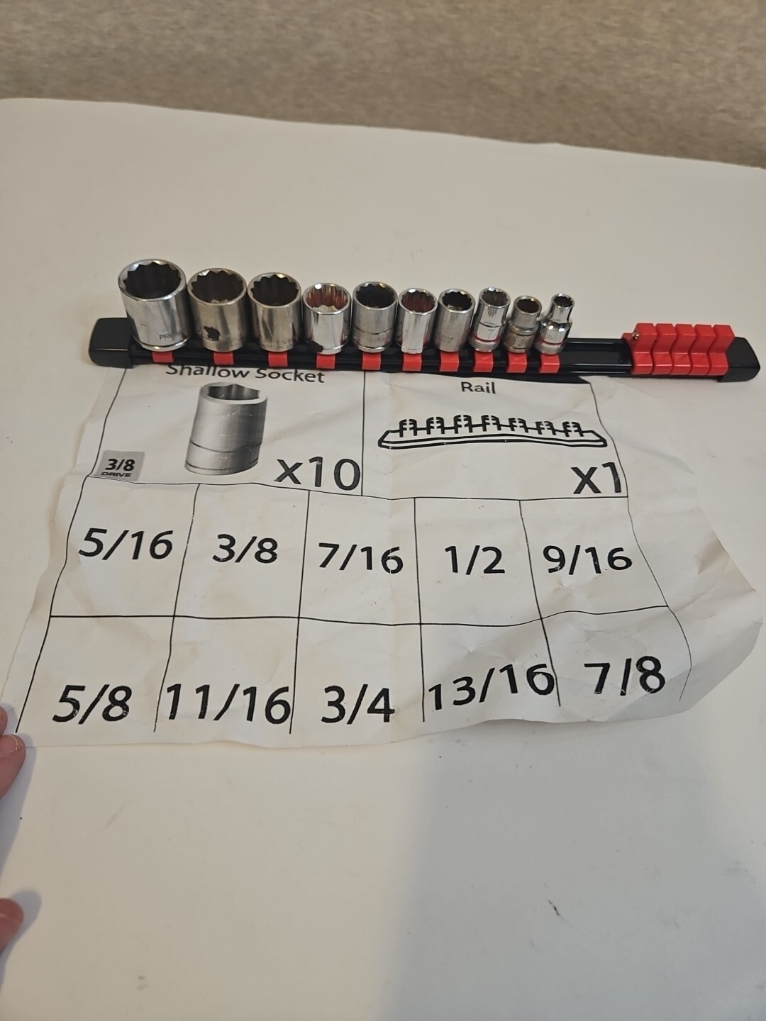 MISC LOT 11 Pieces Socket Set 3/8” Dr 12-Point Shallow 5/16 To 7/8 with Red Rail