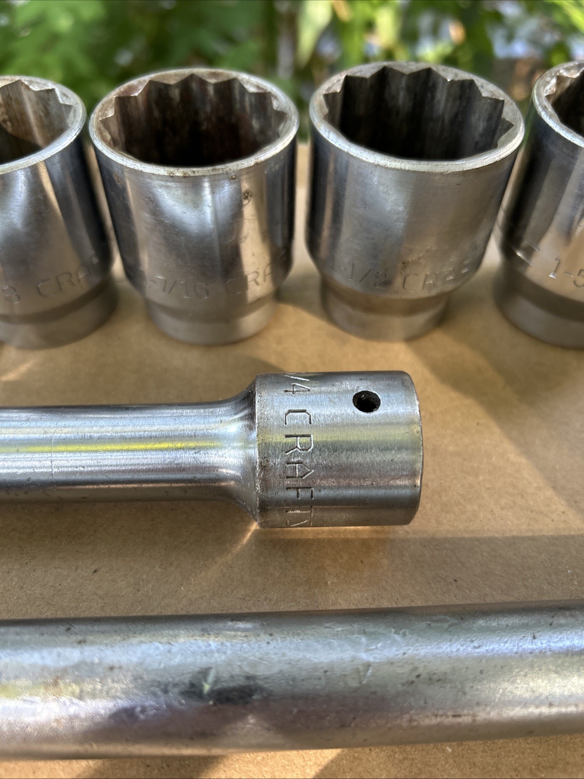 (9) CRAFTSMAN V SERIES 3/4” DRIVE SOCKETS- 18″ SLIDING BREAKER and 8″ EXTENSION.