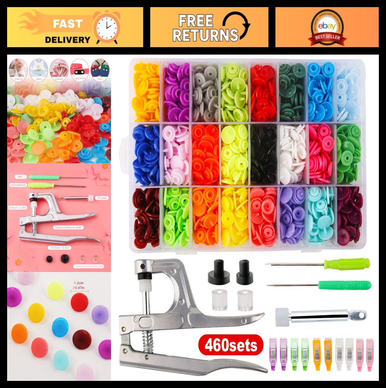 460 Sets 24 Color Snap Plastic Fasteners with Pliers Tool – No Sew Buttons for C