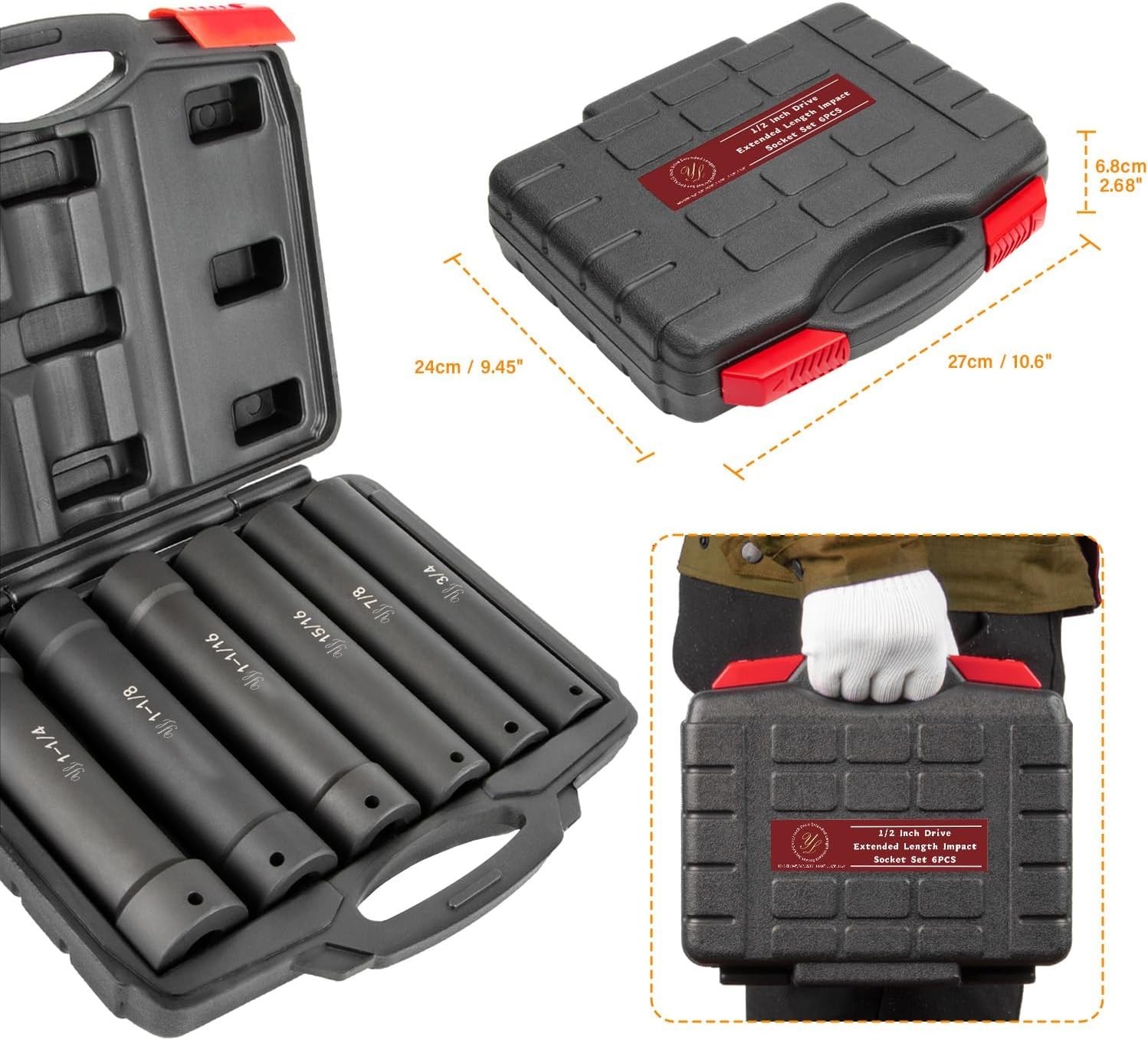 6Pcs 1/2″ Drive Extended Length Impact Socket Set, SAE Unit Sizes 3/4″ to 1-1/4″