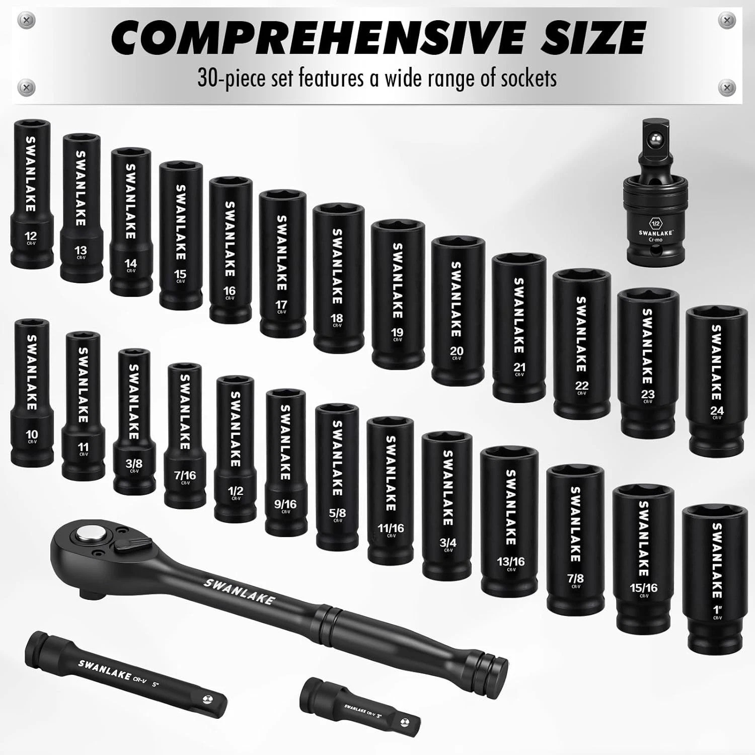 30-Piece 1/2″ Drive Impact Socket Set, Standard SAE 3/8-1 inch and Metric 10-…