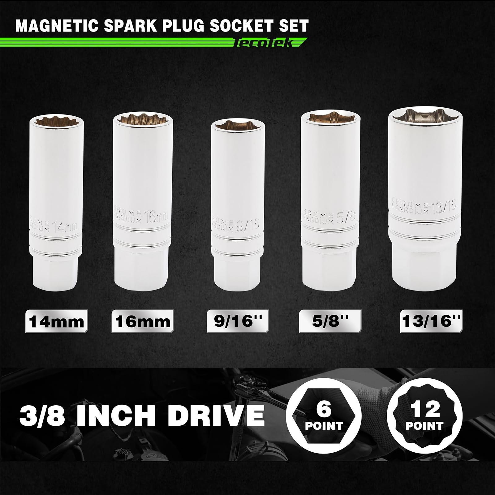 5-Piece Magnetic Spark Plug Socket Set, 14mm 16mm Thin Wall, 9/16″ 5/8″ 13/16″,
