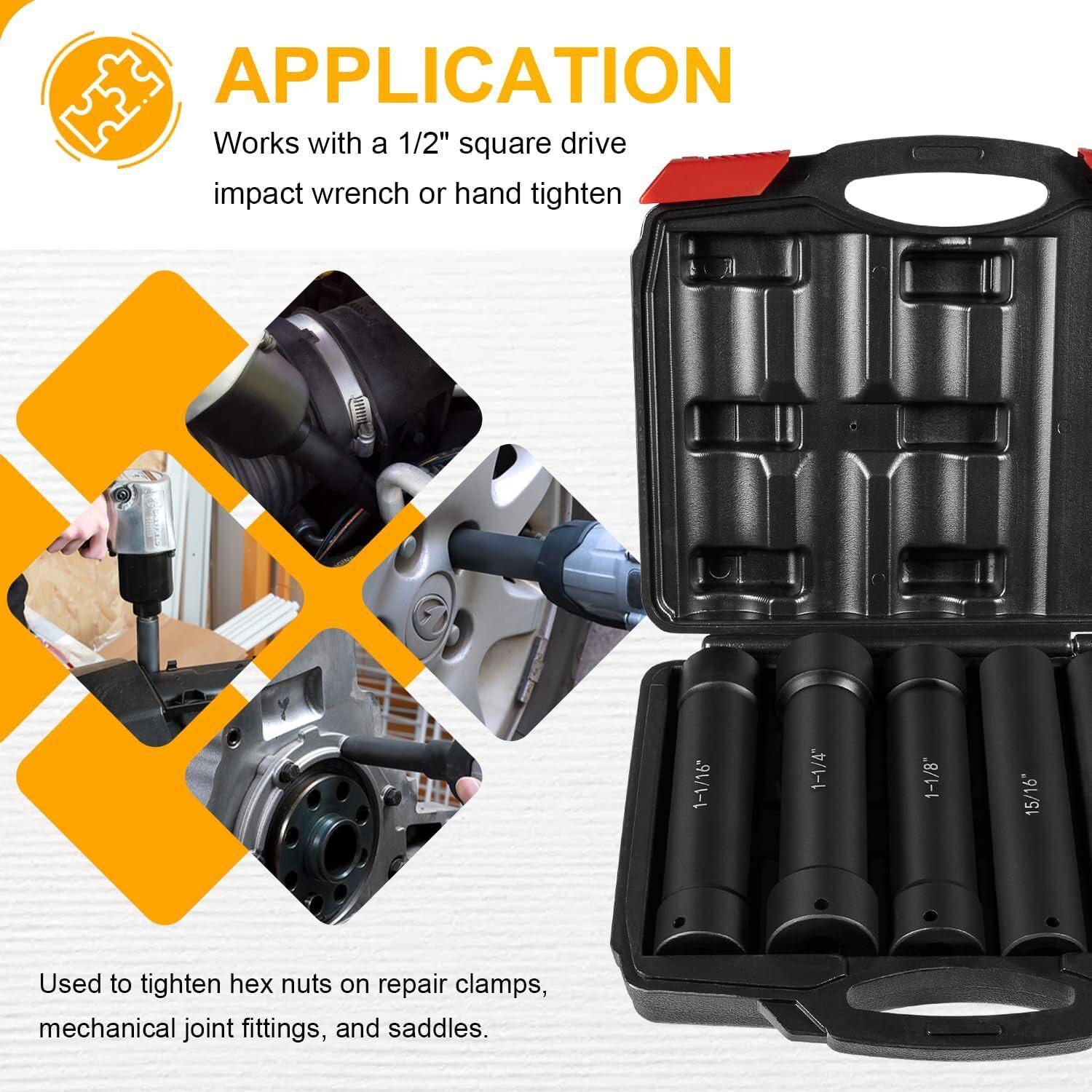 6Pcs 1/2» Drive Extended Length Extra-Deep Length Impact Socket Set Heavy Duty