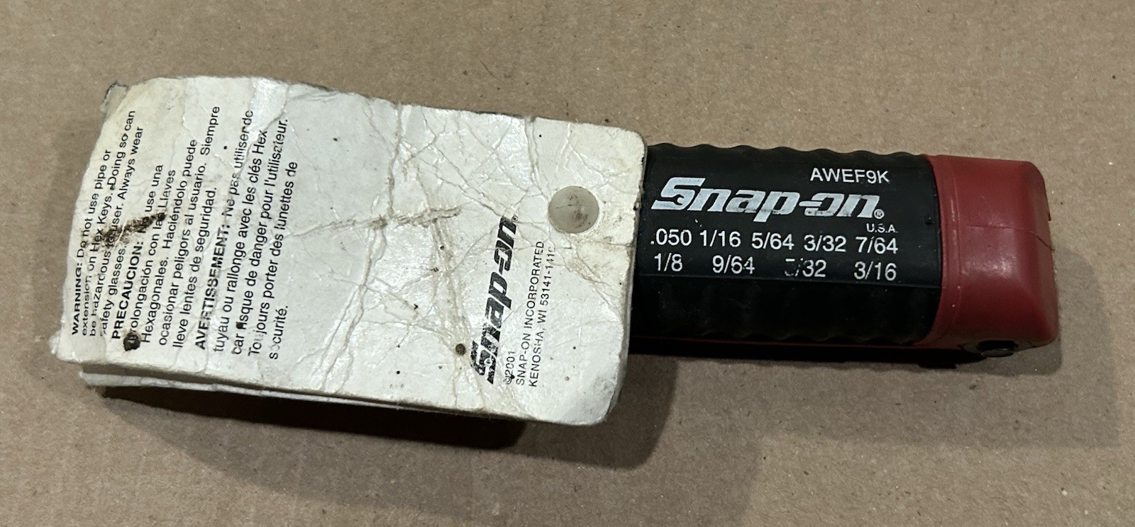 NOS. AWEF9K Snap-On Hex Wrench Inch Size Tool Sizes .050 Mm To 3/16 In
