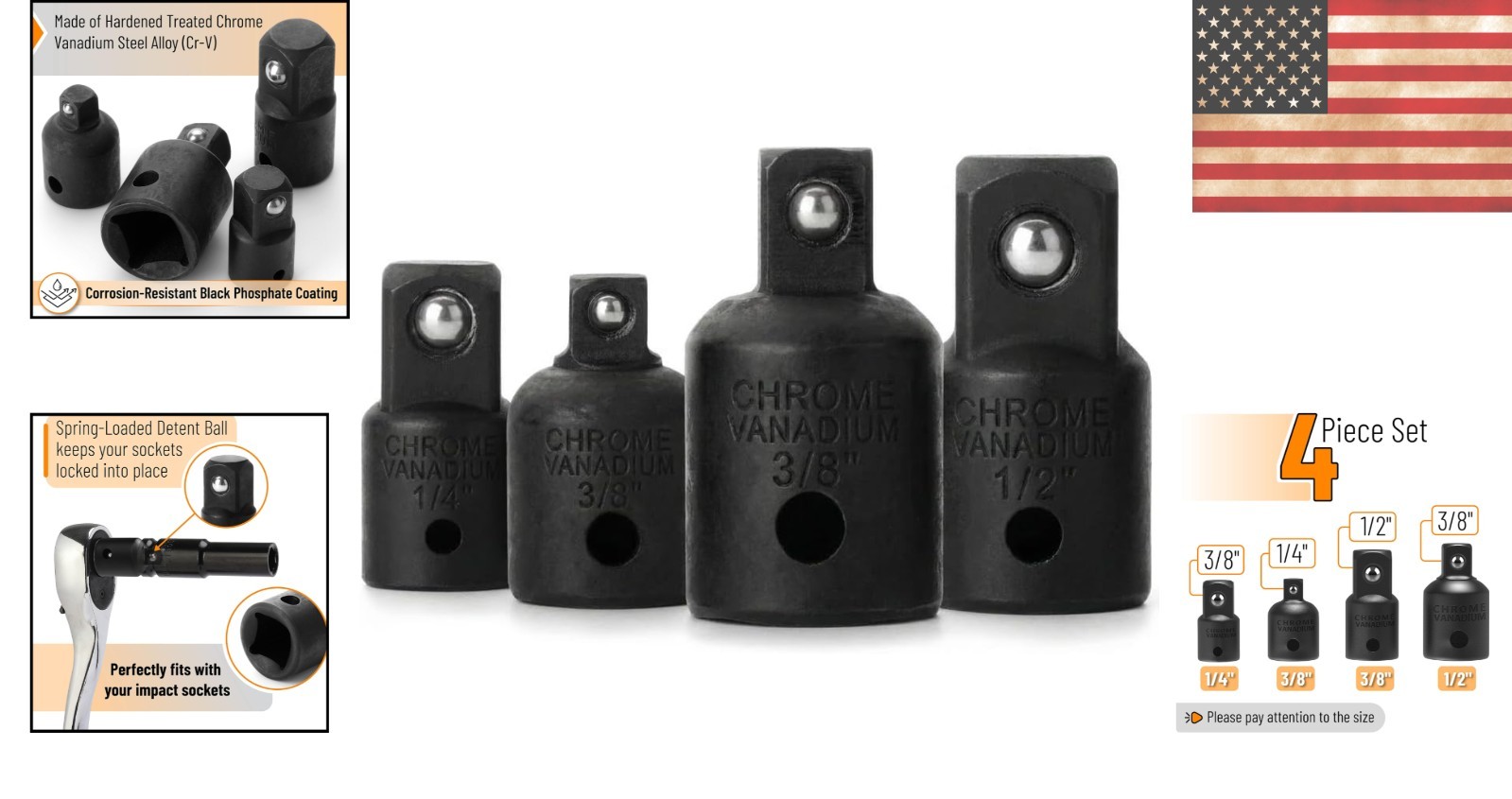 Bates 4-Piece Impact Socket Adapter Set – Heavy-Duty with Black Oxide Finish