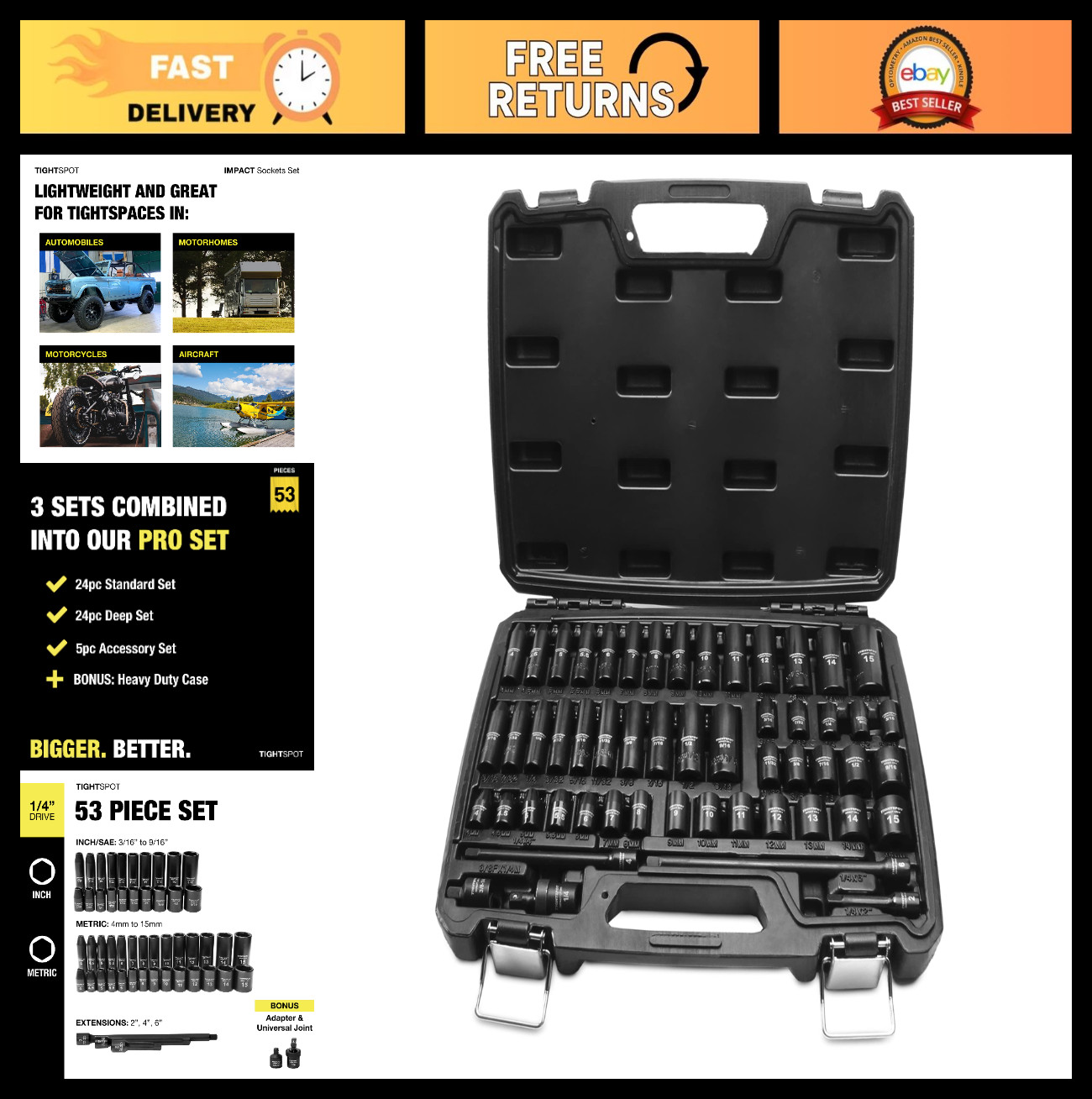 53pc Impact Socket Set 1/4″ Drive – SAE & Metric Standard/Deep, Extensions & Ada