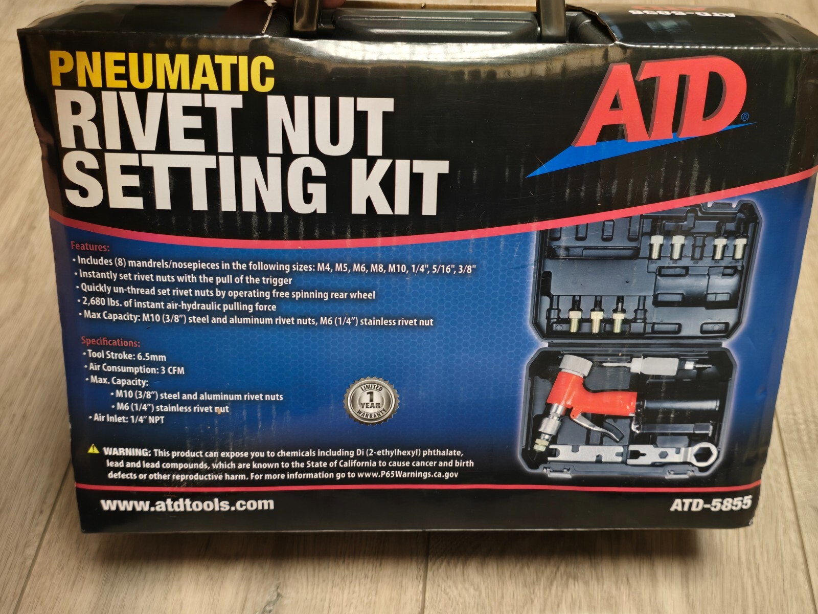 ATD Tools Air Hydraulic Rivet Nut Air Gun Kit Nut-Sert up to 3/8″ #5855
