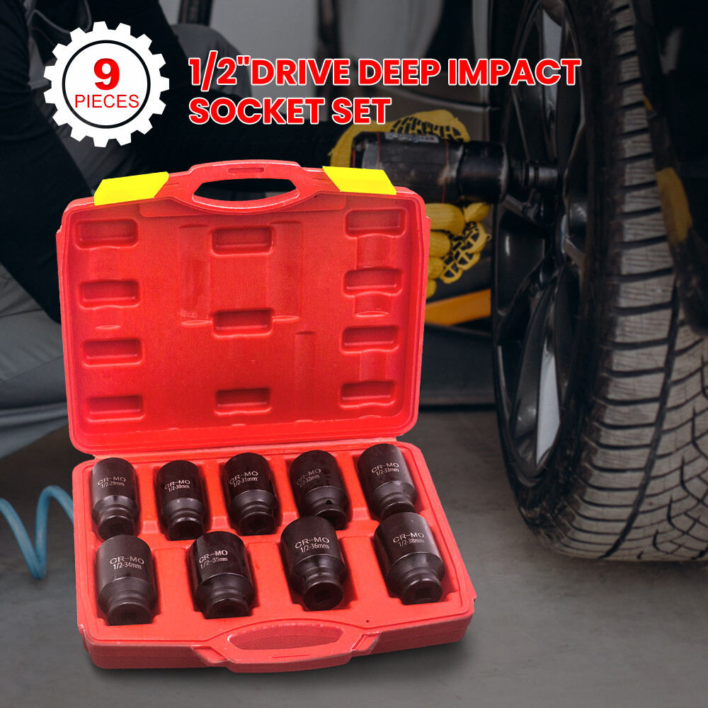 9pcs Deep Impact Socket Set 1/2″ Drive Metric Axle Hub Nut Socket 29mm-36-38mm