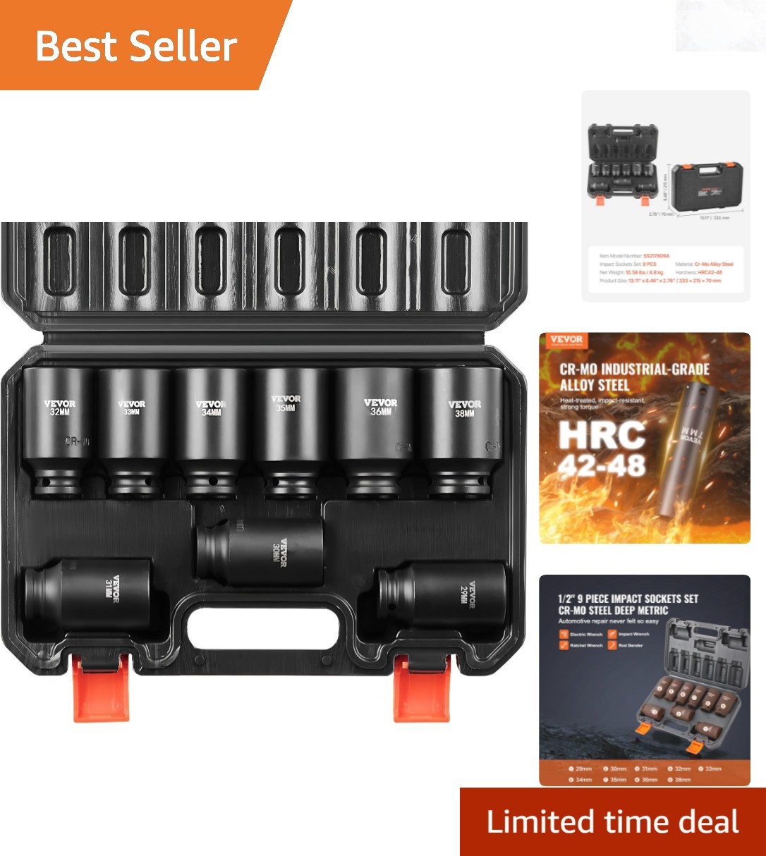 1/2 Inch Drive Impact Socket Set 9 Pieces Metric Deep Cr-Mo Steel Auto Repair