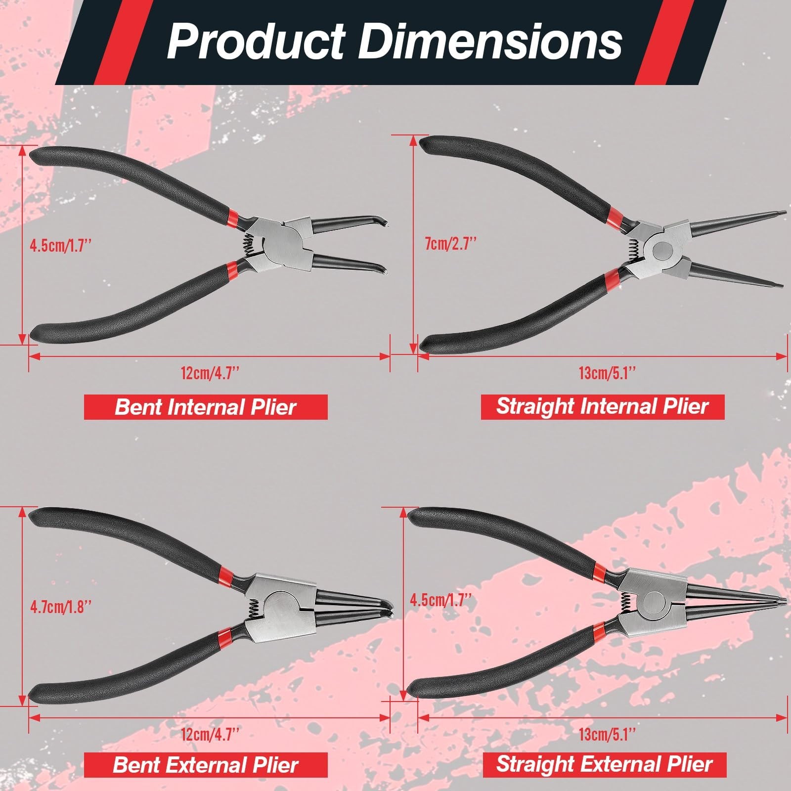 4Pcs Heavy Duty Snap Ring Pliers Set, 7″ Circlip Tool Kit for Internal/External