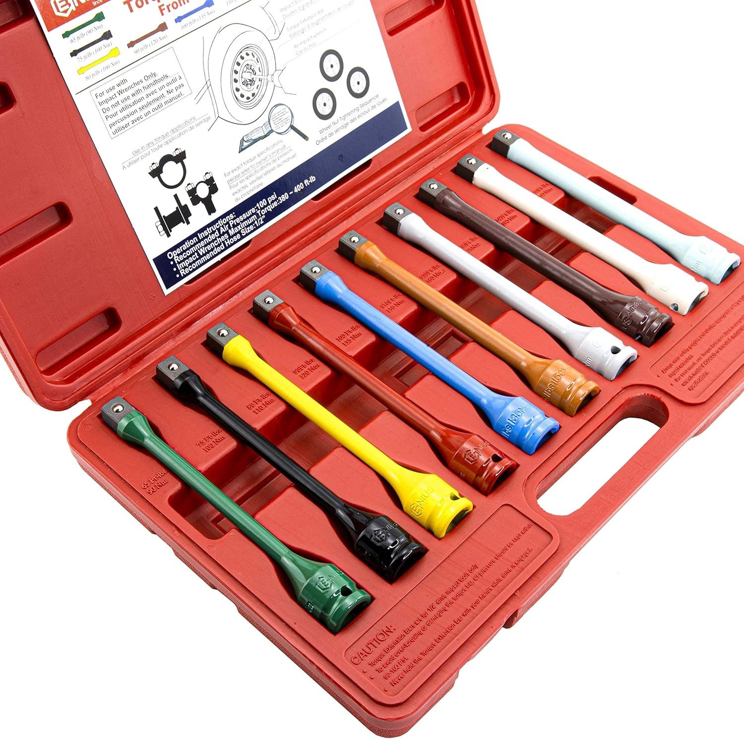 10 Piece Precision Torque Extension Bars: Color-Coded with Easy Guide & Case