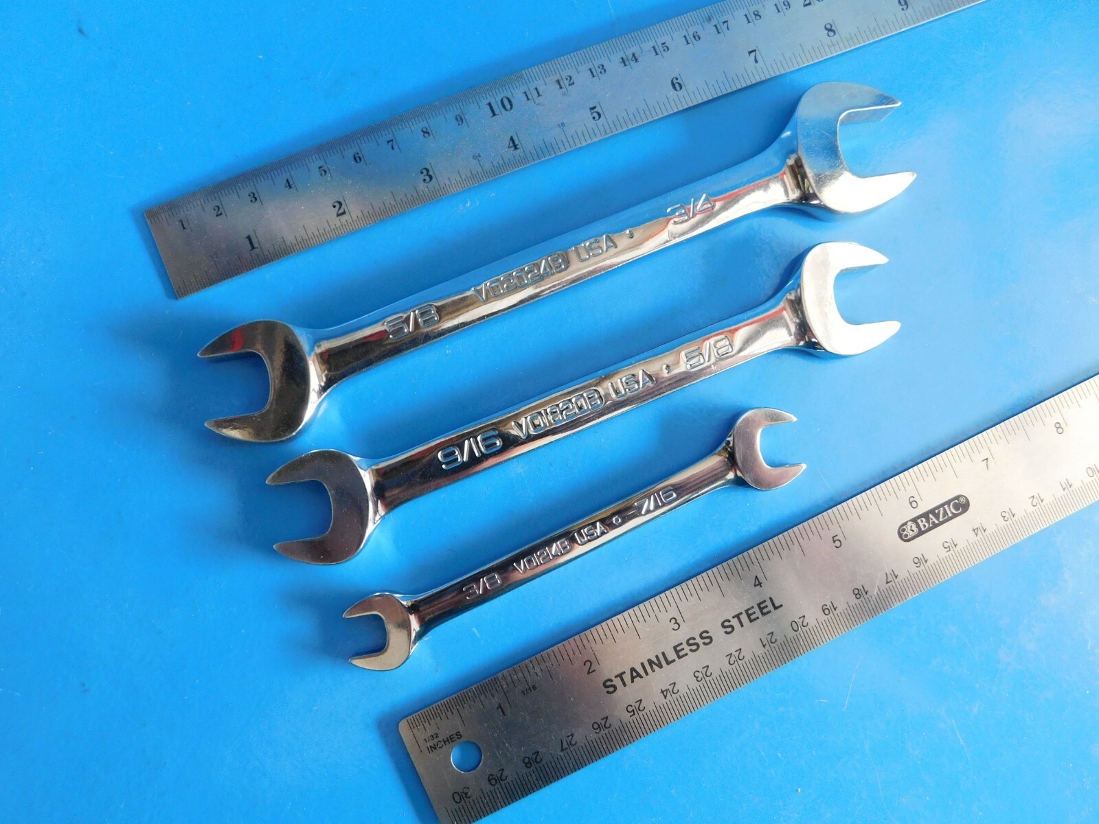 USED, SNAP ON TOOLS OPEN END WRENCH’S LOT OF (3) 3/8X7/16, 9/16X5/8, 5/8X3/4 IN