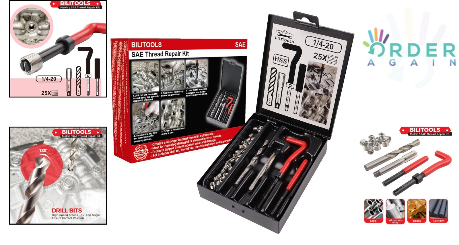 Thread Repair Kit 1/4-20 Inch SAE Helicoil HSS Drill & Inserts for Auto & Plu…