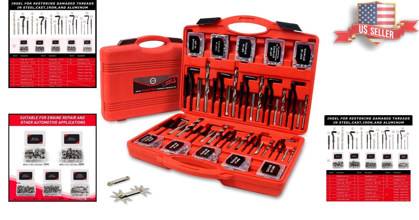 Complete Engine Repair Kit: 338-Piece HSS Drill Helicoil Set with Thread Gauge