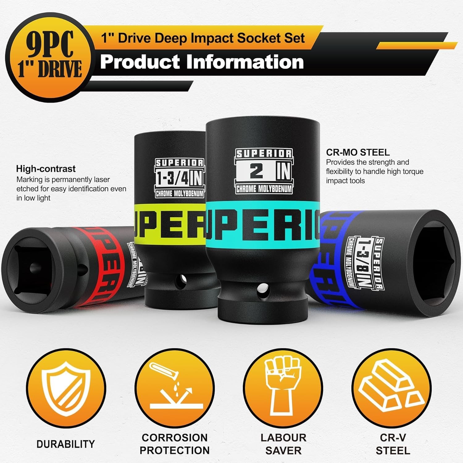 9 Piece 1″ Drive Deep Impact Socket Set, 1 Inch – 2 Inch, SAE, 6-Point Design…