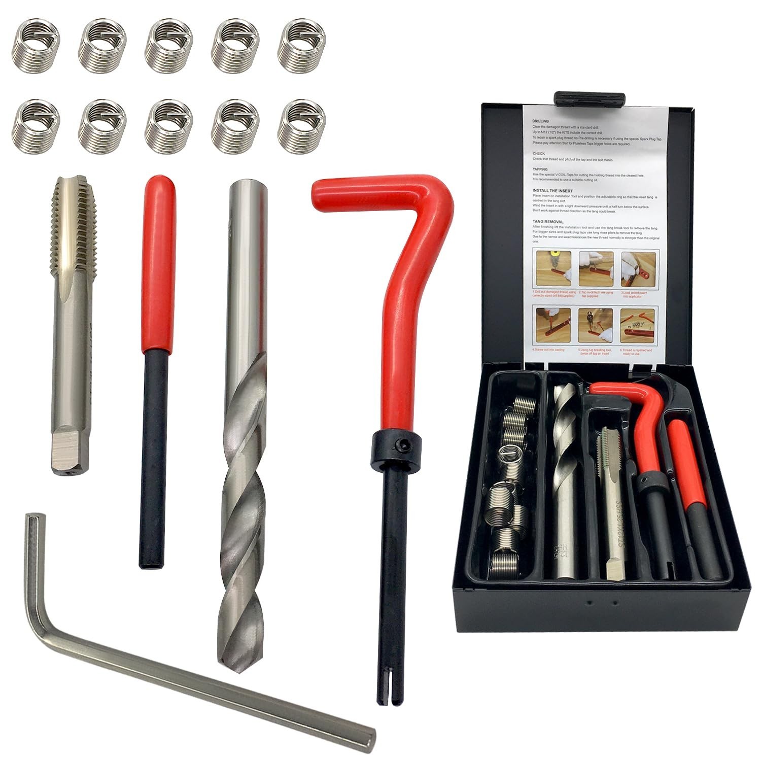 Thread Repair Kit 3/8-16 Inch, Helicoil Inserts & Taps with HSS Drill Bits, Auto