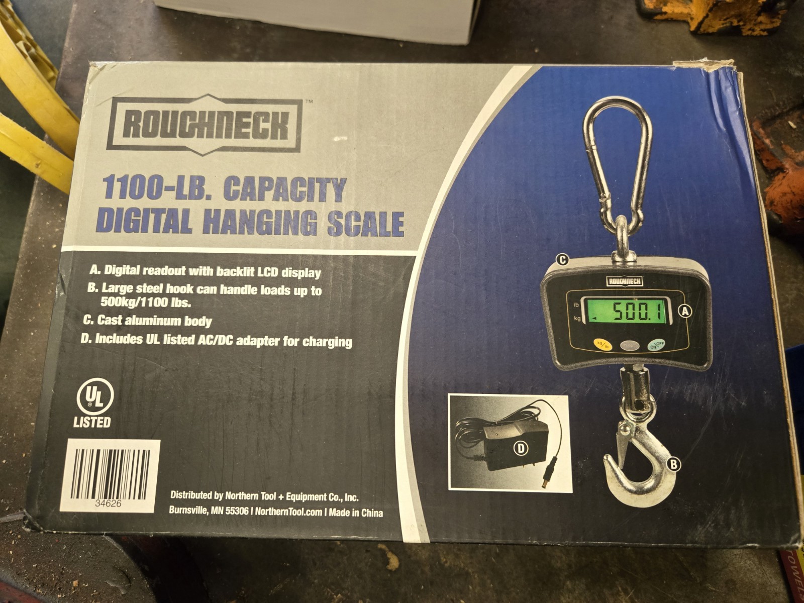 Roughneck Digital Hanging Scale – 1100 Lb Capacity. New In (Opened) Box