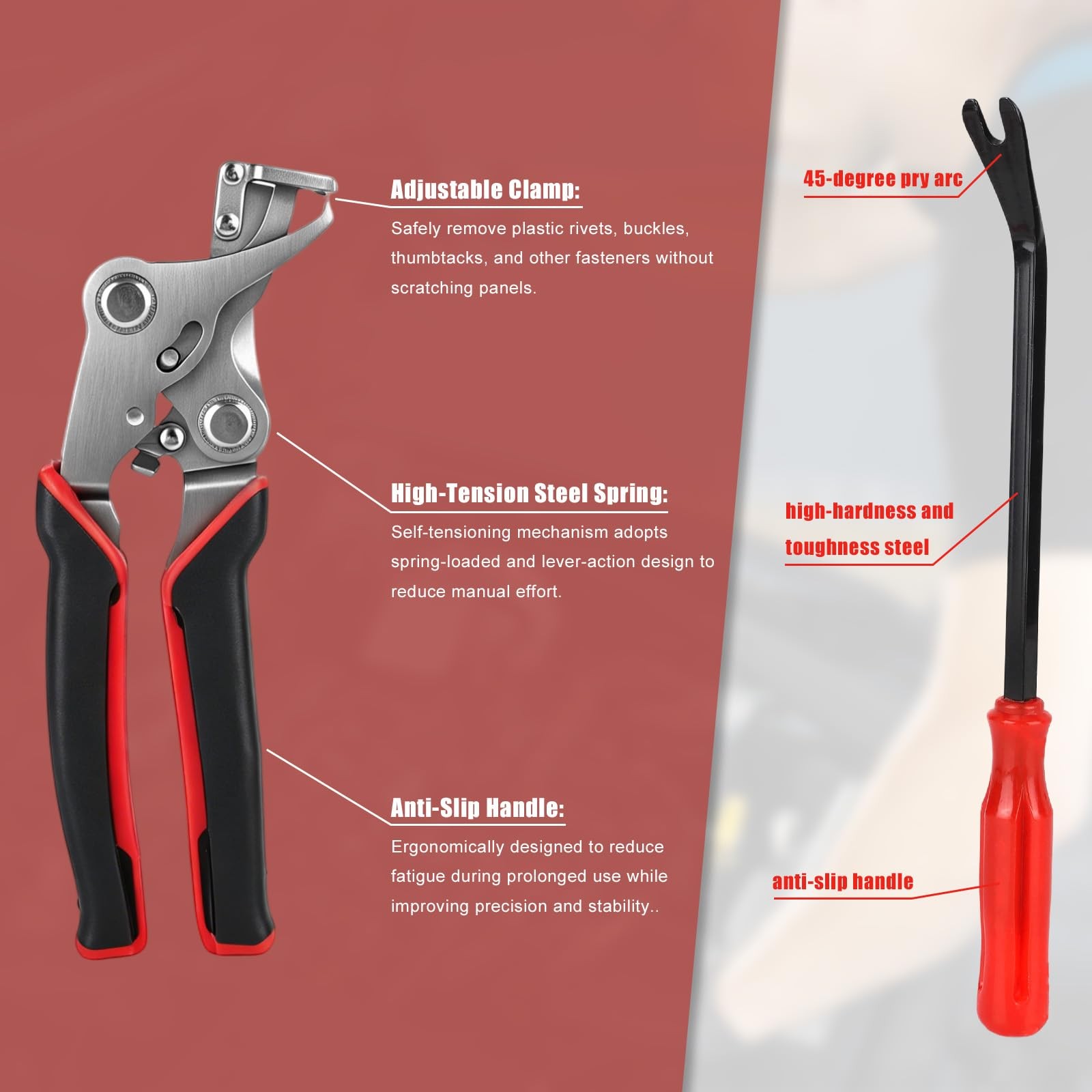 Fukaisu Car Clip Pliers with 2pcs Fastener Remover, Panel black, red, silver