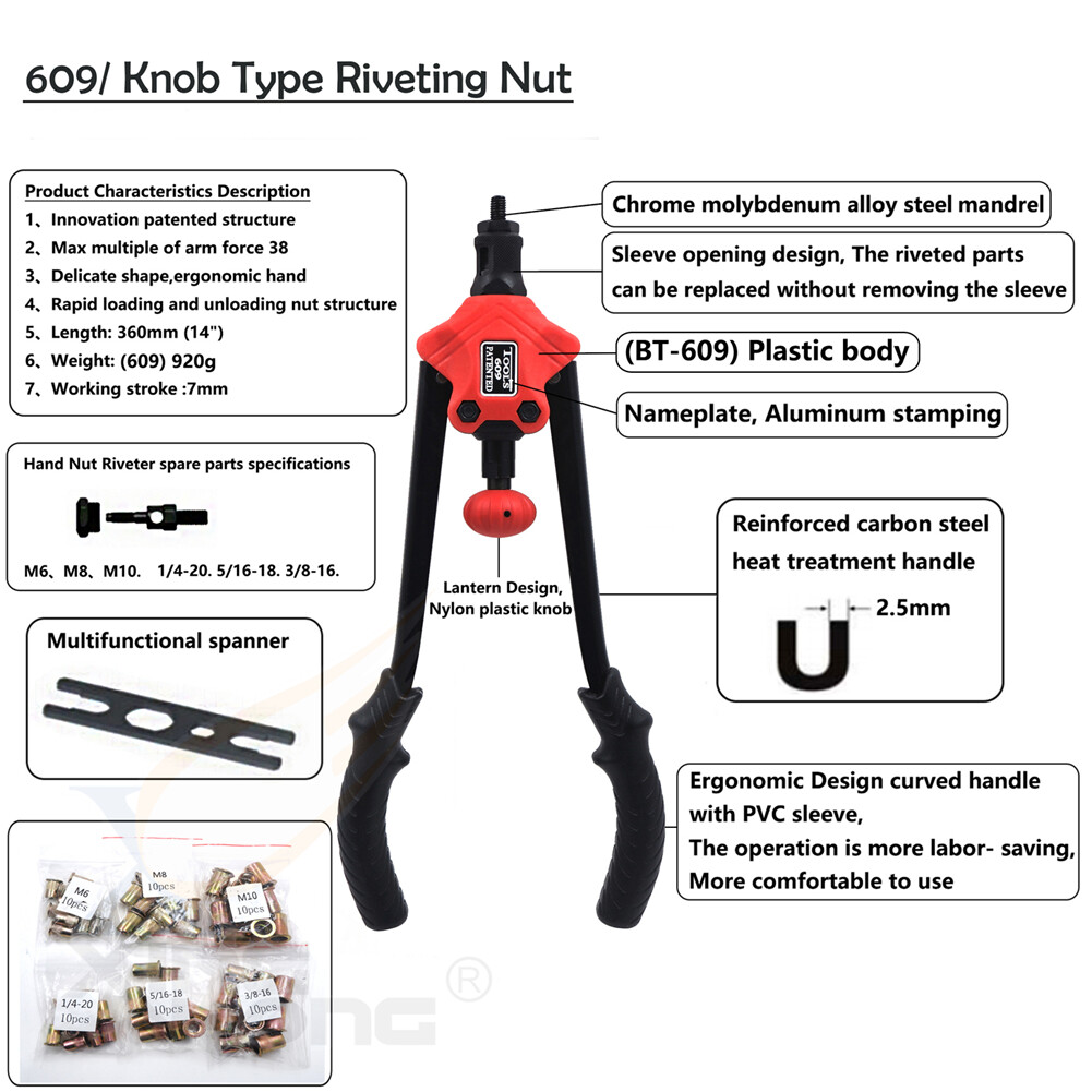 Knob Type Riveting Nut Gun 360mm 14″ 60pcs Rivet Nut Gun Kit Rivnut Setting Tool
