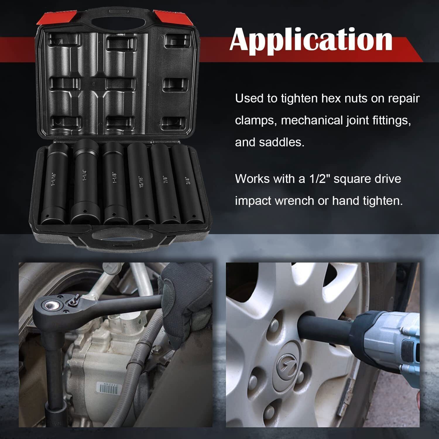1/2″ Drive Extended Length Impact Socket Set 6PCS 3/4″ to 1-1/16″ 1-1/8″ 1-1/4″