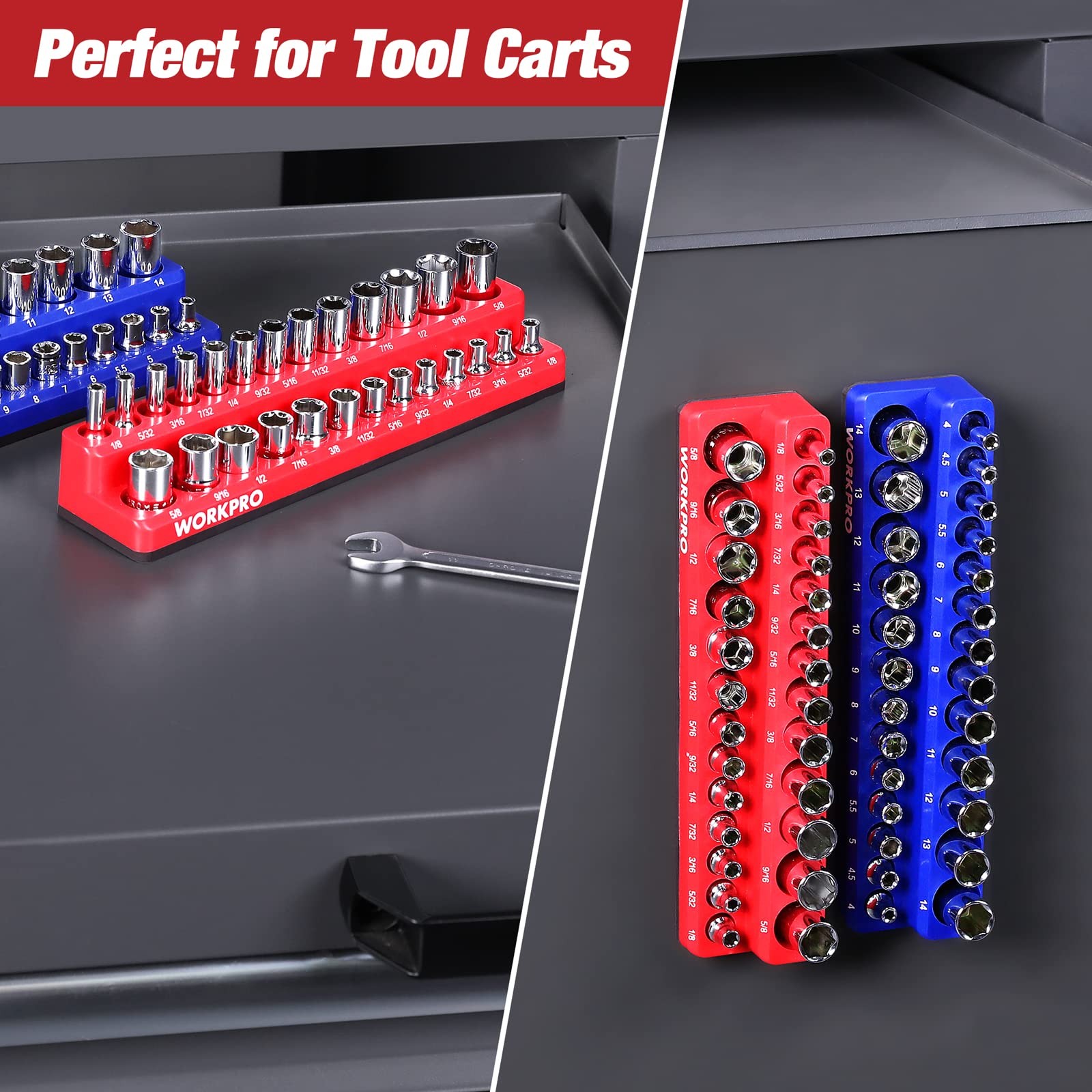 WORKPRO 1/4-inch Magnetic Socket Organizer Set, 2-Piece SAE & 1/4″ SAE&Metric