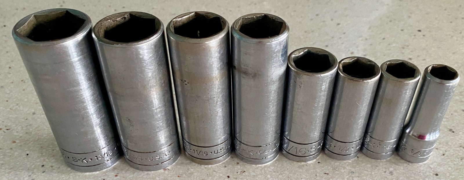 SK Tools Deep Socket Lot 6 Point 8 Pc USA 3/8 7/16 1/2 9/16 11/16 3/4 13/16 5/8
